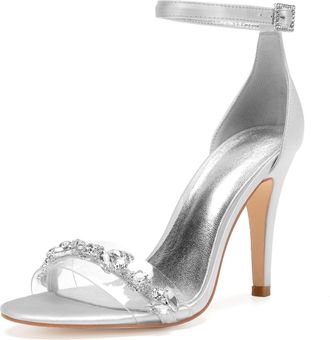 Generic Wedding Bridal Shoes Womens Peep Toe Bridal Stiletto Heel Sandals Satin Prom Party Dress Pumps 10.5CM,Silver,3 UK