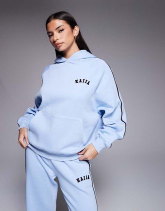 KAIIA Felpa con cappuccio oversize in misto cotone celeste con logo ricamato e righe a contrasto in coordinato-Blu