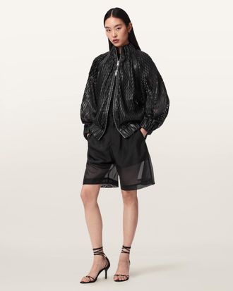 AllSaints Leather Dual Relaxed Fit Leather Bomber Jacket, Size: XS