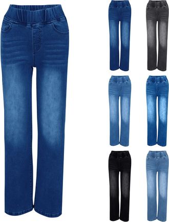 Generic Womens Wide Leg Jeans Elastic High Waisted Jeans Tummy Control Pull On Denim Trousers Stretchy Baggy Flared Trousers Boyfriend Y2K Denim Pants Straigh