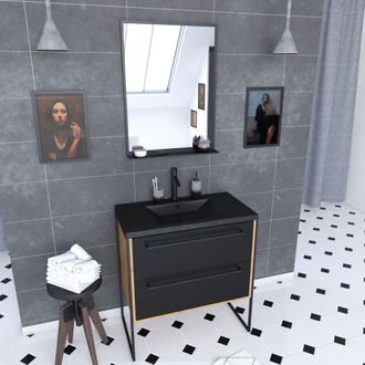 Aurlane Aurlane - Mueble De Ba&ntilde;o 80x50 Cm Roble Oscuro - 2 Cajones Negro Mate - Lavabo Negro