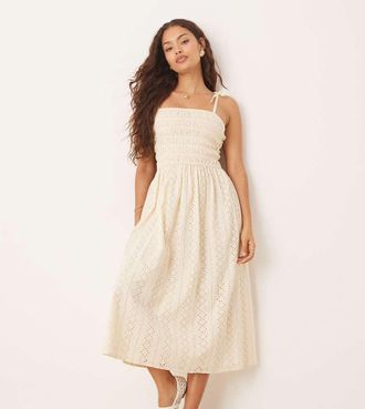 Miss Selfridge Miss Selfridge petite strappy broderie maxi dress in buttermilk-Yellow