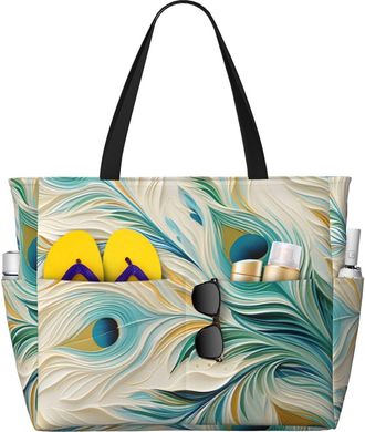 Generic Peacock Feathers Beach Bag for Women Bohemian Waterproof Beach Tote with Zip Lightweight Overnight Shoulder Shopping Swimming Bag Summer Holiday Gifts