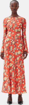 Ganni Orange Floral Printed Satin Maxi Dress in Poinciana Size 4 Spandex/Viscose Womens