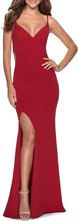 La Femme Long Jersey Dress with Cut Out Open Back in Red at Nordstrom, Size 12