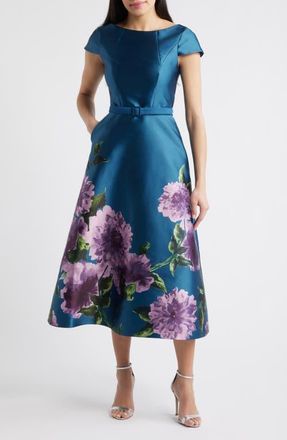 Kay Unger Ina Belted Cocktail Dress in Teal Blue at Nordstrom, Size 12