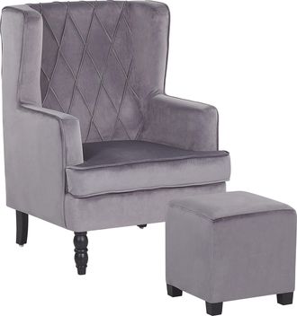 Beliani Beliani - Sill&oacute;n Con Reposapi&eacute;s Tapizado En Tela De Terciopelo Gris Con Patas De Madera Butaca Silla Orejera Sandset