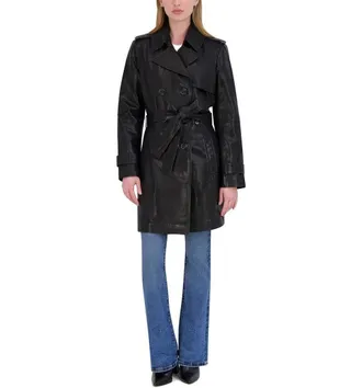 Elie Tahari Womens Leather Double Breasted Trench Coat, Black