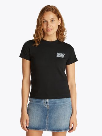 Tommy Jeans T-Shirt TOMMY JEANS TJW REG TJ BUBBLE TEE, Damen, Gr. XS (34), schwarz, Jersey, Obermaterial: 100% Baumwolle, unifarben, regular fit h&uuml;ftlang, Rundhal