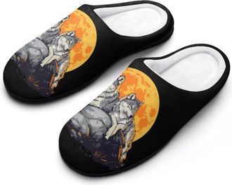 Generic Wolf Moon Womens Slippers Warm House Slippers Indoor House Shoes with Anti-Skid Rubber Sole