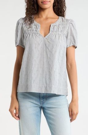 Lucky Brand Stripe Smock Detail Cotton Top in Light Seashell at Nordstrom, Size X-Small