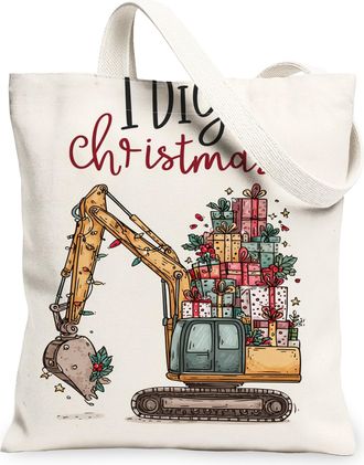 Generic Christmas Excavator Canvas Tote Bags, Fun Holiday Design Reusable Grocery Bags, Lightweight Washable Shoulder Strap Canvas, Beige, 13x15 Inch