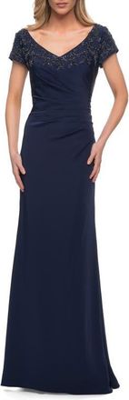 La Femme Crystal Detail Cap Sleeve Jersey Sheath Gown in Navy at Nordstrom, Size 14