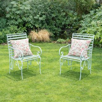 Melody Maison Set Of 2 Ornate Metal Sage Green Garden Chairs - 55cm X 92cm | Size: 55 cm X 92 cm