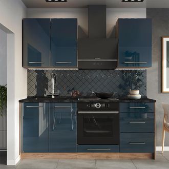 Vicco Cocina Para Solteros Fame-line, Azul Oscuro Alto Brillo/roble Dorado, 190 Cm, Et Antracita, Vicco