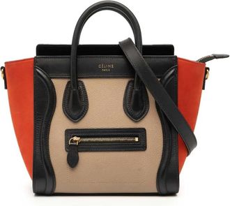 Celine 2016 Nano Luggage Tote driekleurige tas van nubuck en bewerkt kalfsleer - Bruin