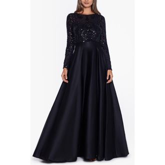 Betsy & Adam Sequin Long Sleeve Ballgown in Black/Black at Nordstrom Rack, Size 14