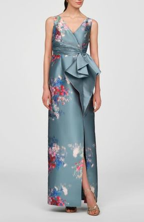 Kay Unger Kathleen Placed Floral Mikado Column Gown in Cyan Multi at Nordstrom, Size 12
