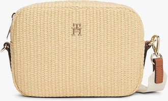 Tommy Hilfiger Womens Monogram Logo Raffia Crossbody Bag - Brown