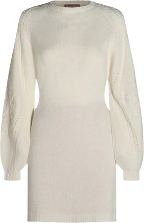 Twinset Gebreide jurk met ruches en parels - Dames - Kleedjes - Wit - S - Polyester - Kleedjes