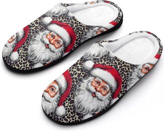 Generic Santa Leopard Black White Pattern Mens Warm Slippers Non-Slip Sole Winter Rubber Cotton Shoes for Bedroom