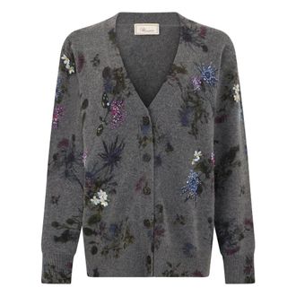 Blumarine Cardigans, female, Gray, Size: XS Wool Cardigan with Bouquet Print and Embroidery
