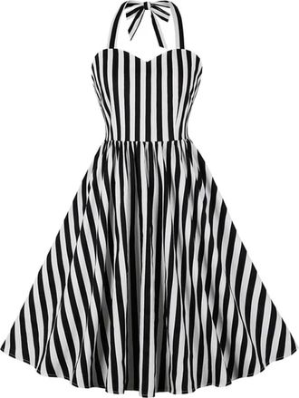 Generic Black and White Striped Women Evening Dresses Halter Sweetheart Neck Pleated Dress-Black-XXL