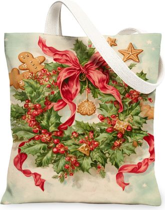 Generic Christmas Wreath Canvas Tote Bags, Vintage Floral Reusable Grocery Bags, Lightweight Washable Shoulder Strap Canvas for Outdoor Travel 13x15 Inch