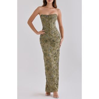 House of CB Anisa Hand Beaded Gown in Fir Green at Nordstrom, Size X-Small