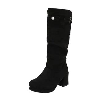 Generic Womens Elegant Mid Calf Boots Square Toe High Block Heel With Platform Slip On Design Pleated And Buckle Detail