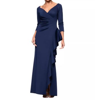 Xscape V-Neck Ruffled Side-Slit Scuba Gown In Navy