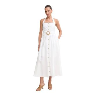 Fracomina Midi-jurk met halternek en ceintuur - Dames - Jurken - Wit - Maat: XS Katoen