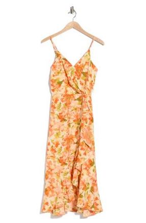 Chelsea28 Floral Faux Wrap Midi Dress in Orange Green Rebecca Floral at Nordstrom Rack, Size Xx-Small