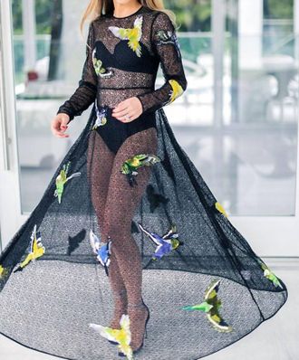 Romance Was Born Fly Away Budgie Long Sleeve Gown In Black