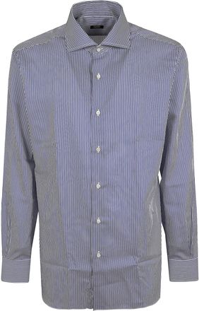 Barba White and Blue Striped Spread Collar Cotton Shirt