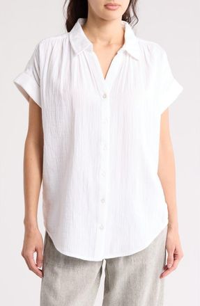 Caslon Short Sleeve Cotton Gauze Button-Up Shirt in White at Nordstrom Rack, Size Small