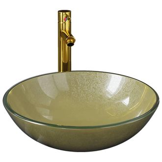 Berkfield Home Bathroom Sink with Tap & Push Drain Gold Tempered Glass