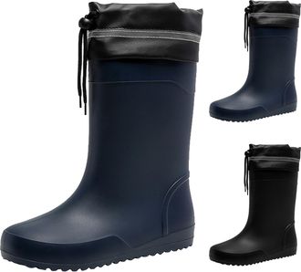 Generic Wellington Mens Slip On Rain Boots Wellies Waterproof Mid Calf Rain Boots with Adjustable Drawstring, Durable Slip Resistant Rubber Shoes Comfortable 