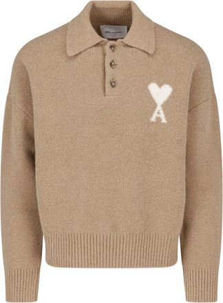 Ami Beige Wool Blend Cardigan With Classic Collar And Intarsia Logo