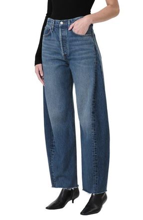 A Gold E Luna Piece High Waist Raw Hem Barrel Jeans in Split at Nordstrom, Size 24