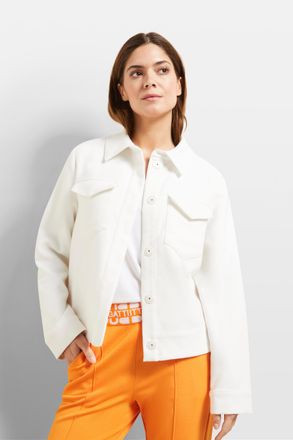 Bugatti Langjacke BUGATTI, Damen, Gr. 46, beige (ecru), 63% Polyester, 33% Viskose, 4% Elasthan, normal, gerader Abschluss, Jacken Langjacke, mit aufgesetzten