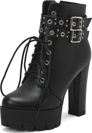 Generic Womens Autumn Winter Combat Ankle Boots with Chunky Heel Platform, Side Zipper and Front Lace-Up Design,Black,10 UK