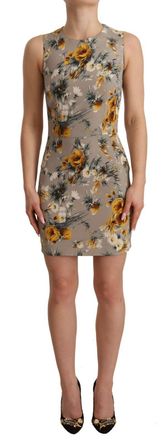 Dolce & Gabbana Dames Grijze Zijde Stretch Bloemen Strakke Mini Jurk