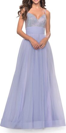 La Femme Tulle Gown with Full Skirt and Rhinestone Bodice in Bright Colors in Light Periwinkle at Nordstrom, Size 12