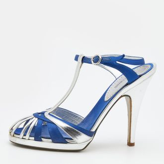 Roberto Cavalli Silver/blue Leather And Satin T-Strap Sandals