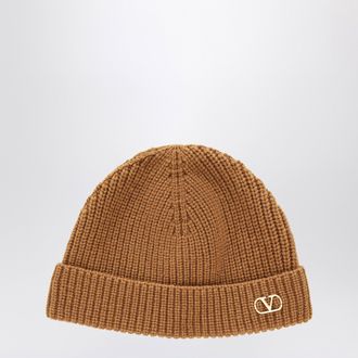 Valentino Garavani Berretto Vlogo Signature color cammello in cashmere
