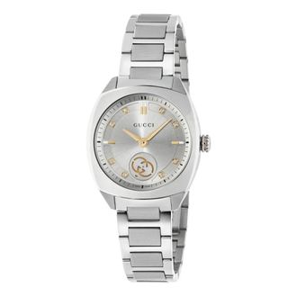 Gucci Ya 142510 - Interlocking 29mm roestvrijstalen kast- zilveren zon geborstelde wijzerplaat met 8 diamanten en roze goud vergulde details- kleine seconde