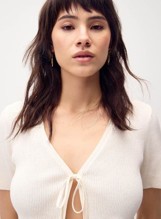 Twik Womens Ruffled-trim tie-front cropped Cardigan Sweater