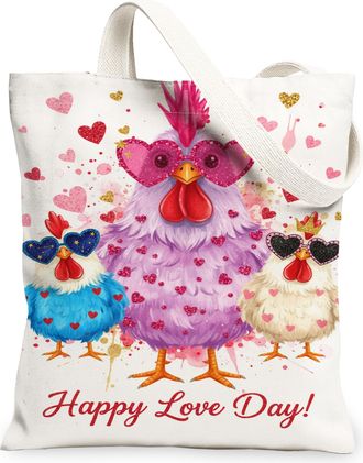 Generic Love Day Canvas Tote Bags, Adorable Bird Pattern Reusable Grocery Bags, Spring Floral Lightweight Washable Shoulder Strap C, White, 13x15 Inch