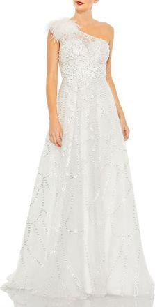 Mac Duggal Embellished One-Shoulder A-Line Gown with Feather Accent in Ivory at Nordstrom, Size 12